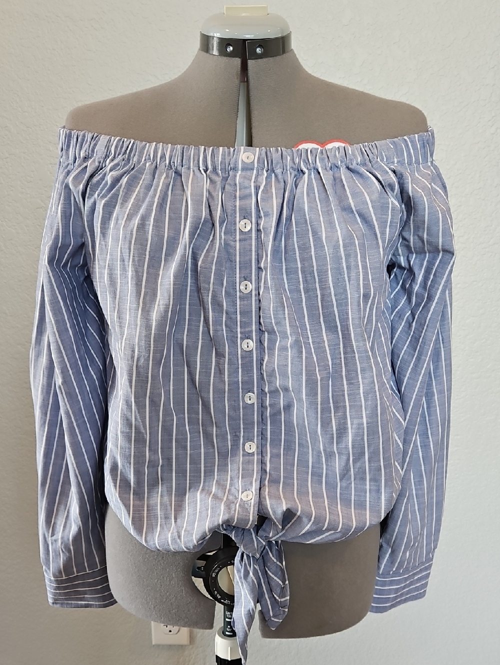 Time and Tru Blue and White Off-Shoulder Button Tie-Front Blouse
